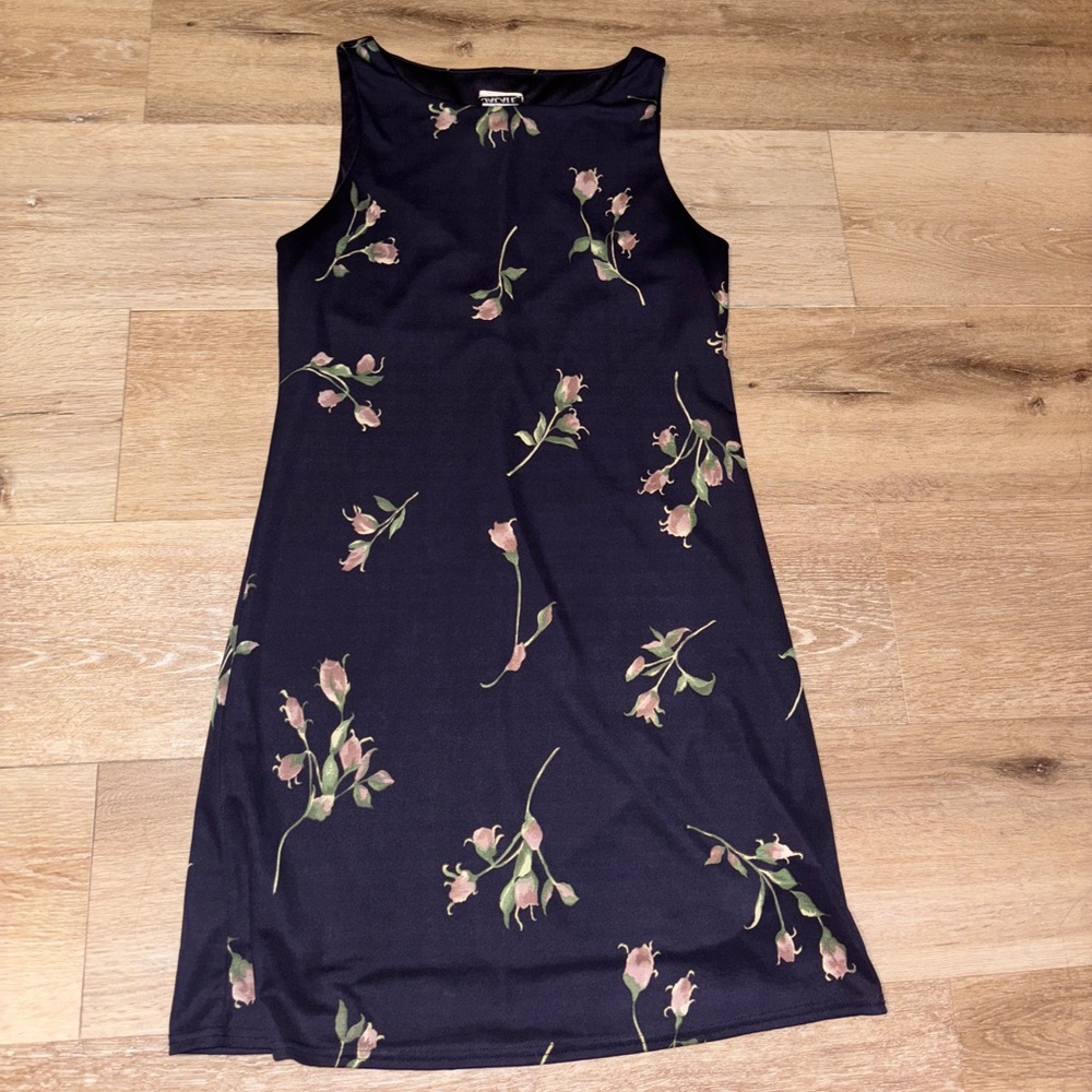 Vintage Jalate Floral Tank Dress – Black, Mauve Flowers, Size M